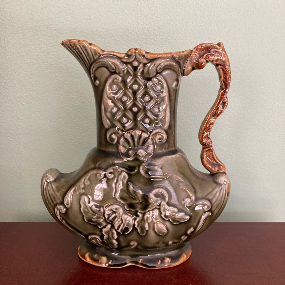 🍀Rare German Majolica Khaki Green Floral Pitcher - Picture 2 of 6
